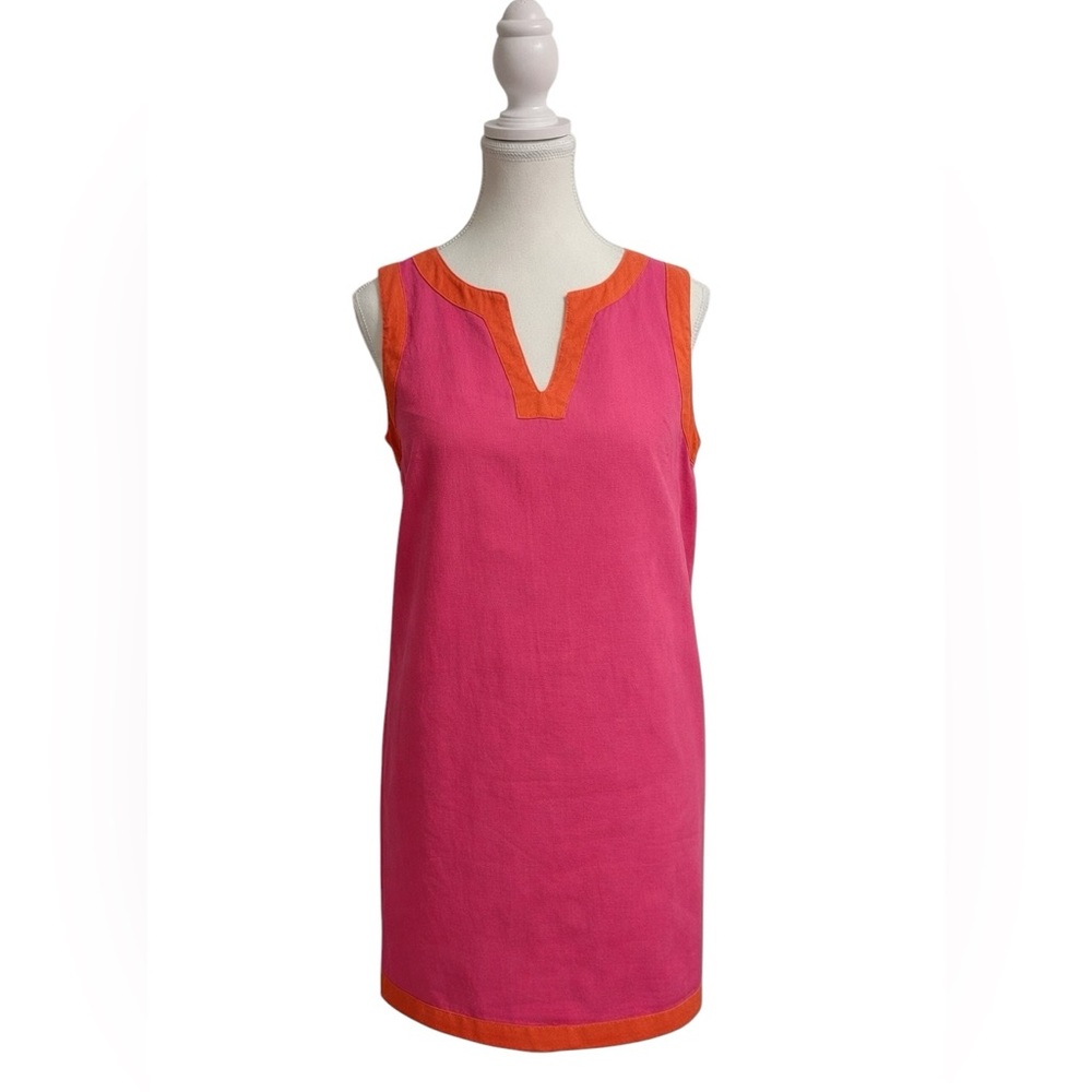 Pink Orange Linen Shift Dress Sleeveless Coastal Resort Preppy‎ Summer S - Picture 2 of 7